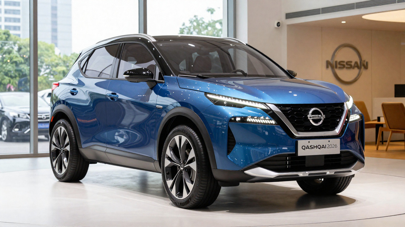 Blauer Nissan Qashqai 2026 SUV im Showroom mit modernen LED-Scheinwerfern und schwarzem Dach.