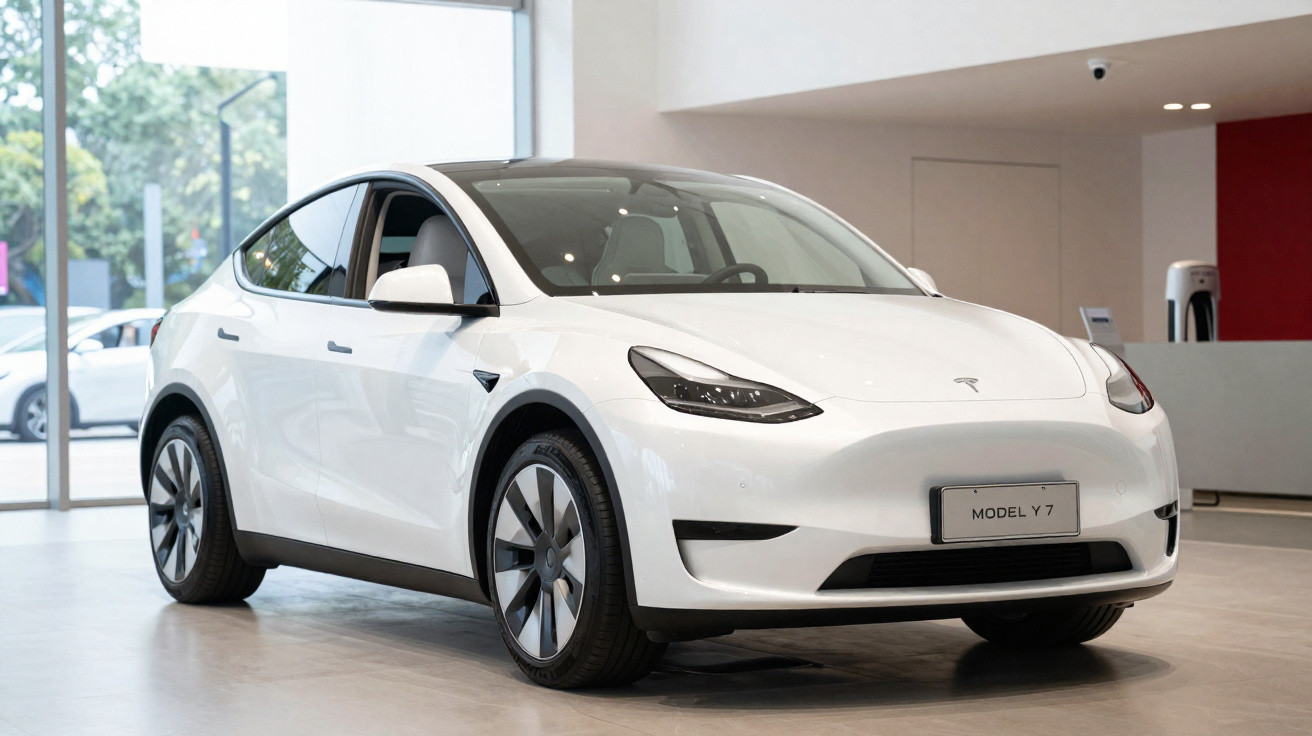 Weißes Tesla Model Y 7 Elektroauto in einem modernen Autohaus stehend, Front- und Seitenansicht.