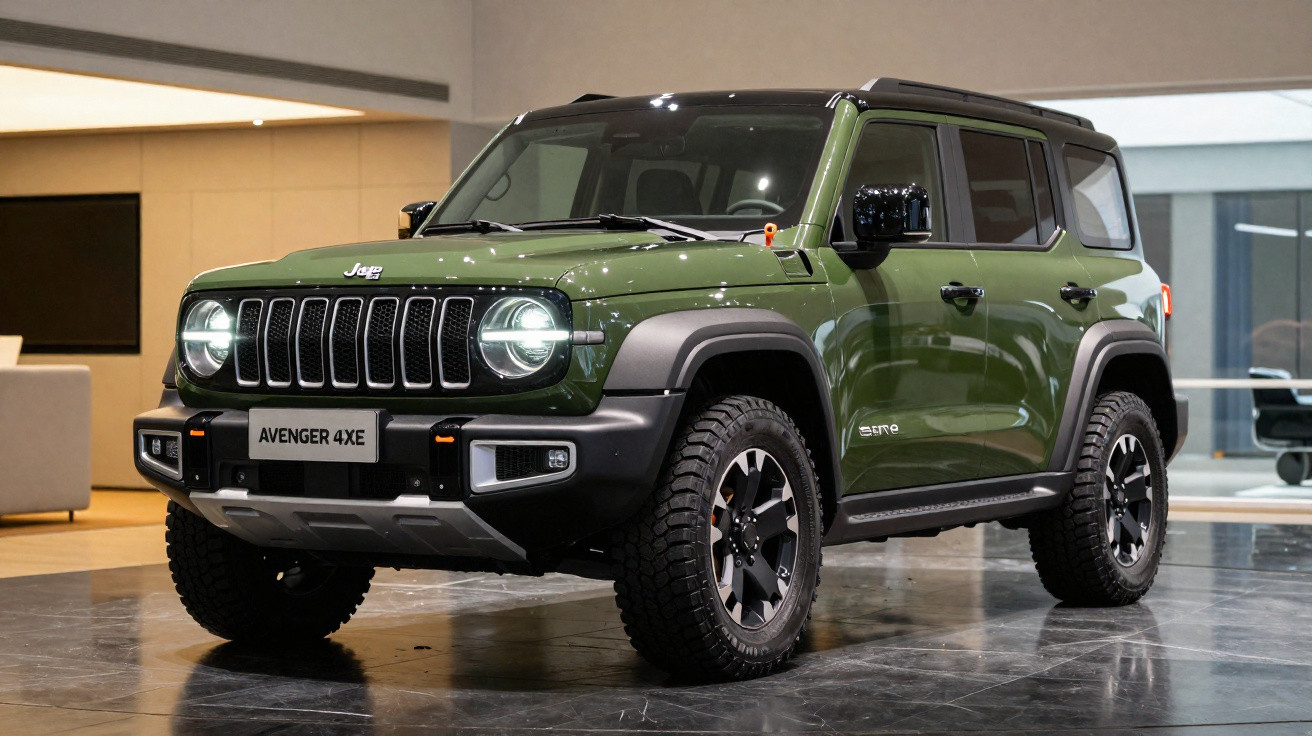 Grüner Jeep Avenger 4xe SUV in moderner Innenraumumgebung mit LED-Scheinwerfern und schwarzen Akzenten.