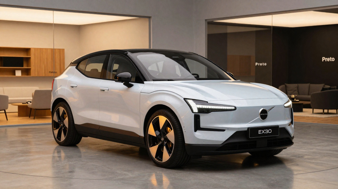 Weißer Volvo EX30 Elektro-SUV in modernem Showroom mit klaren Linien und LED-Scheinwerfern.
