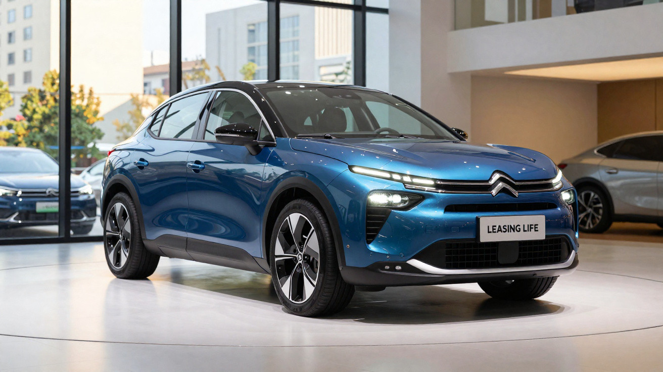 Blaues Citroën Elektroauto im Showroom auf Drehplattform mit großen Fenstern im Hintergrund.