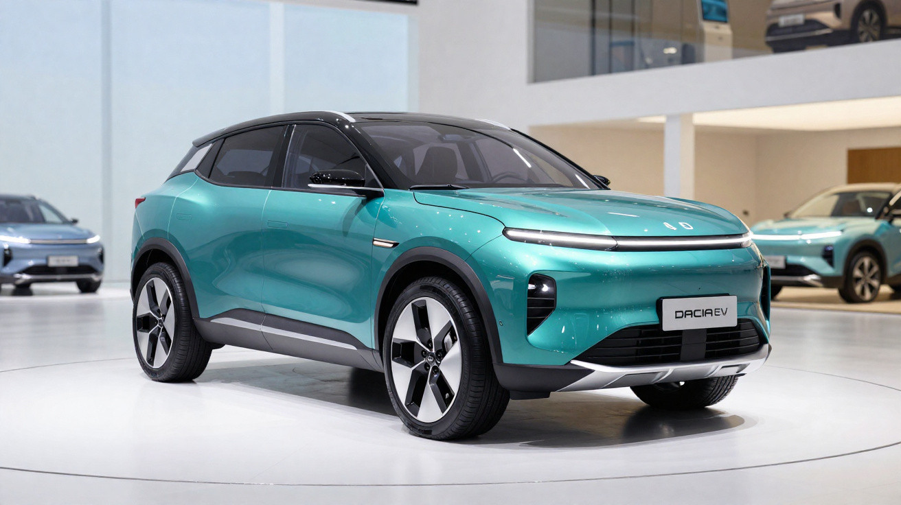 Türkisfarbener Dacia EV Elektro-SUV in moderner Ausstellungshalle mit schwarzem Dach und LED-Scheinwerfern.