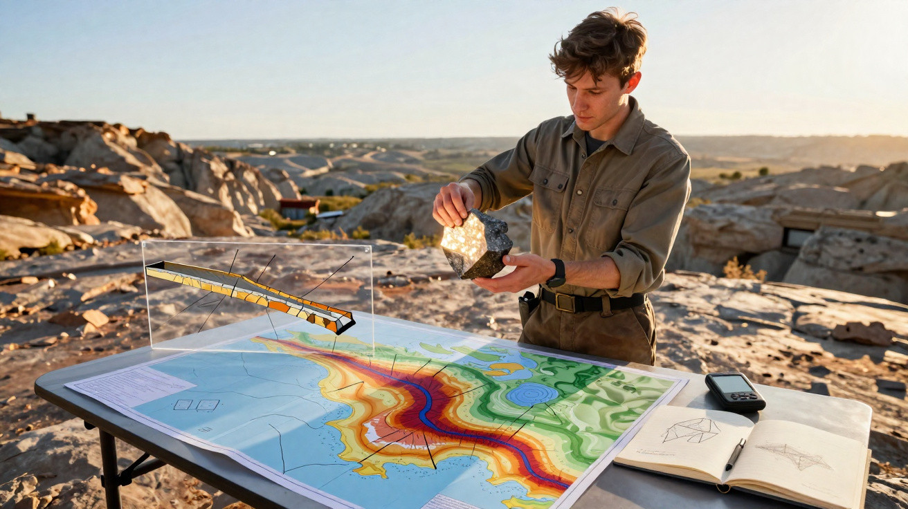 Junger Mann untersucht Gesteinsprobe neben geologischer Karte und 3D-Modell in felsiger Landschaft bei Sonnenlicht.