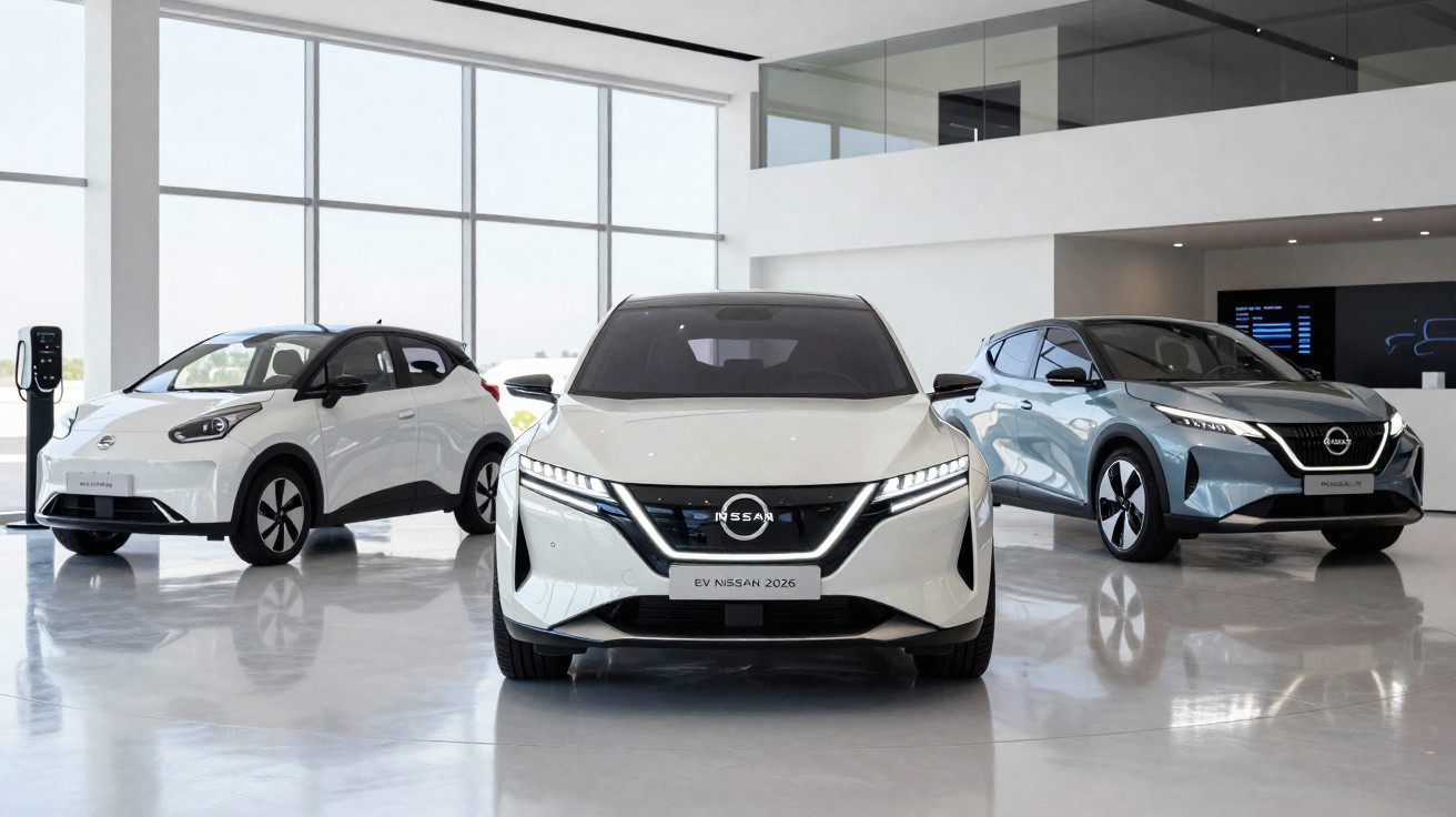 Drei Nissan Elektroautos in einem hellen, modernen Showroom mit großer Fensterfront und Ladestation.