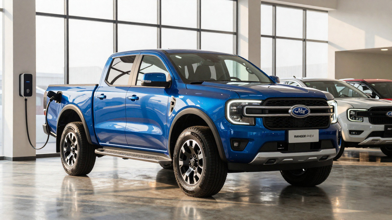 Blauer Ford Ranger PHEV Pickup, lädt an Ladestation in modernem Showroom mit weiteren Autos im Hintergrund.