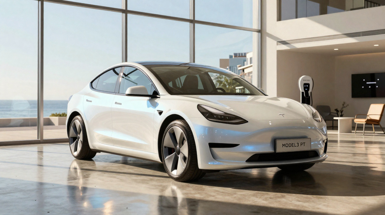 Weißer Tesla Model 3 Elektroauto in modernem Showroom mit großen Fenstern und Blick aufs Meer.