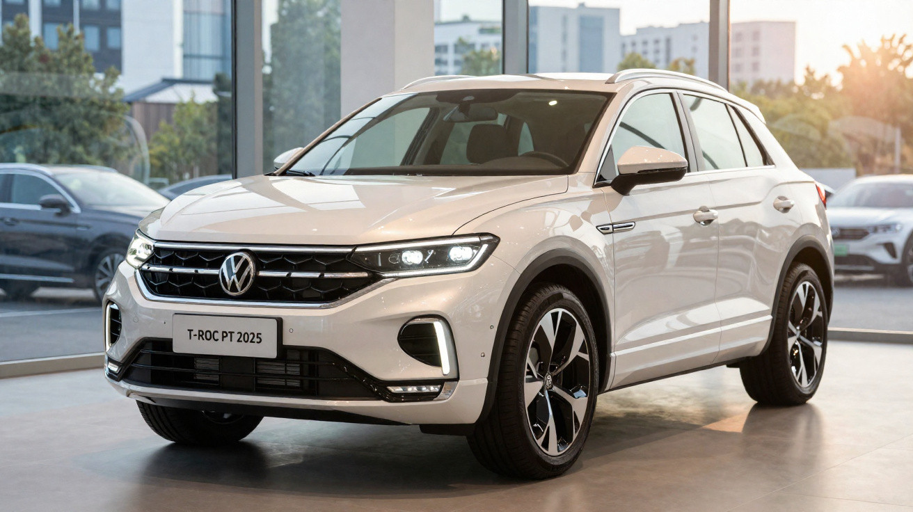Weißer VW T-Roc PT 2025 SUV im Showroom mit moderner Stadtansicht im Hintergrund am Abend.