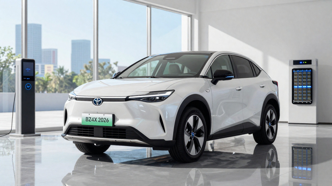 Weißer Toyota BZ4X Elektro-SUV in modernem Raum neben Ladestation und Batteriespeicher.