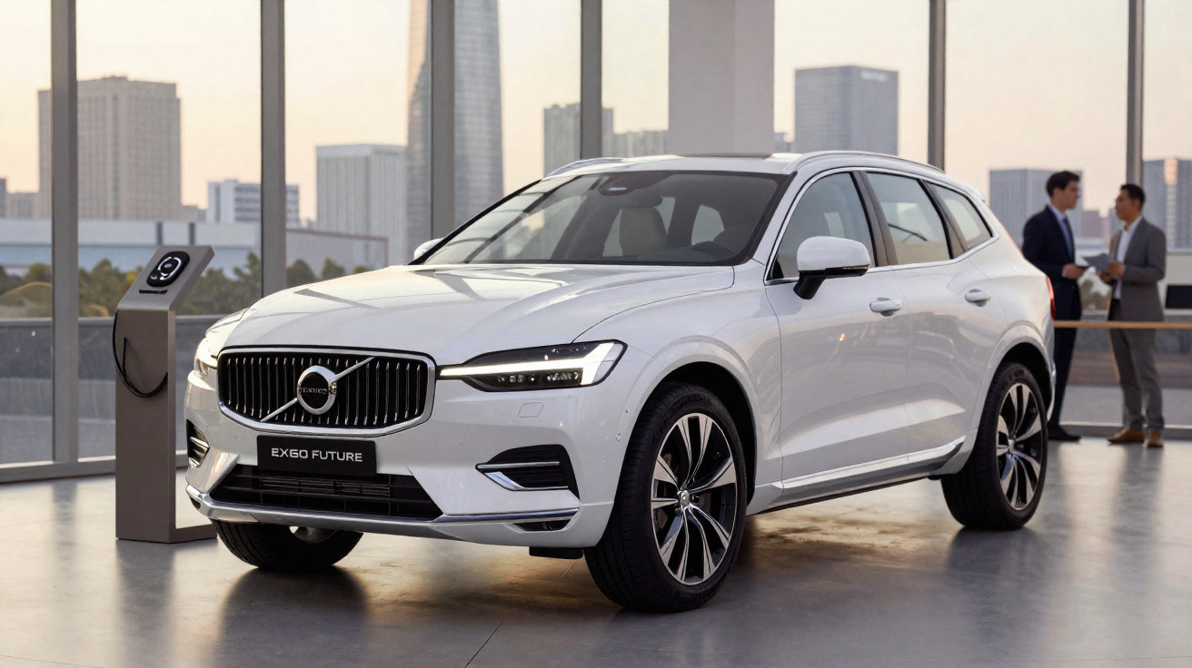Weißer Volvo XC60 Elektro-SUV vor Ladestation in modernem Gebäude mit zwei Personen im Hintergrund.