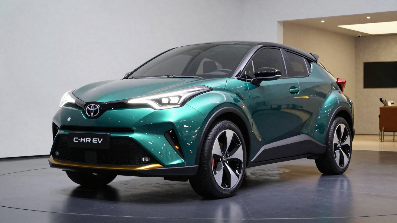 Grüner Toyota C-HR EV Elektro-SUV in moderner Ausstellungshalle auf drehbarem Podest.