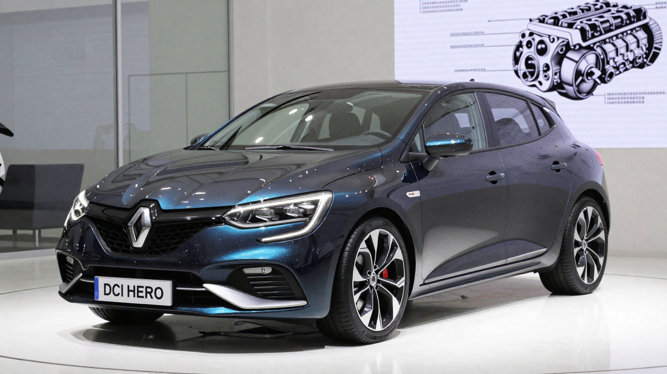 Dunkelblauer Renault Clio mit DCI HERO Kennzeichen auf Autoshow mit technischem Motorbild im Hintergrund