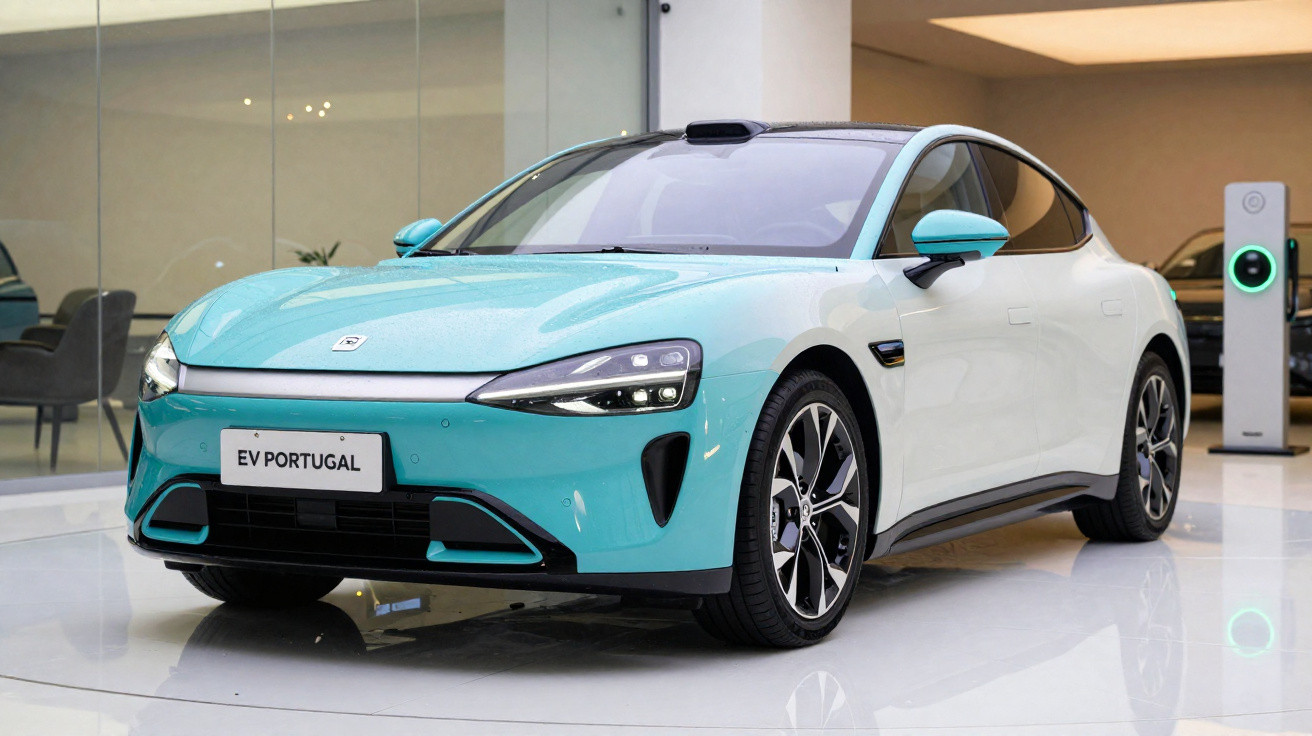 Elektroauto in Hellblau und Weiß in einem modernen Showroom mit Ladestation im Hintergrund.