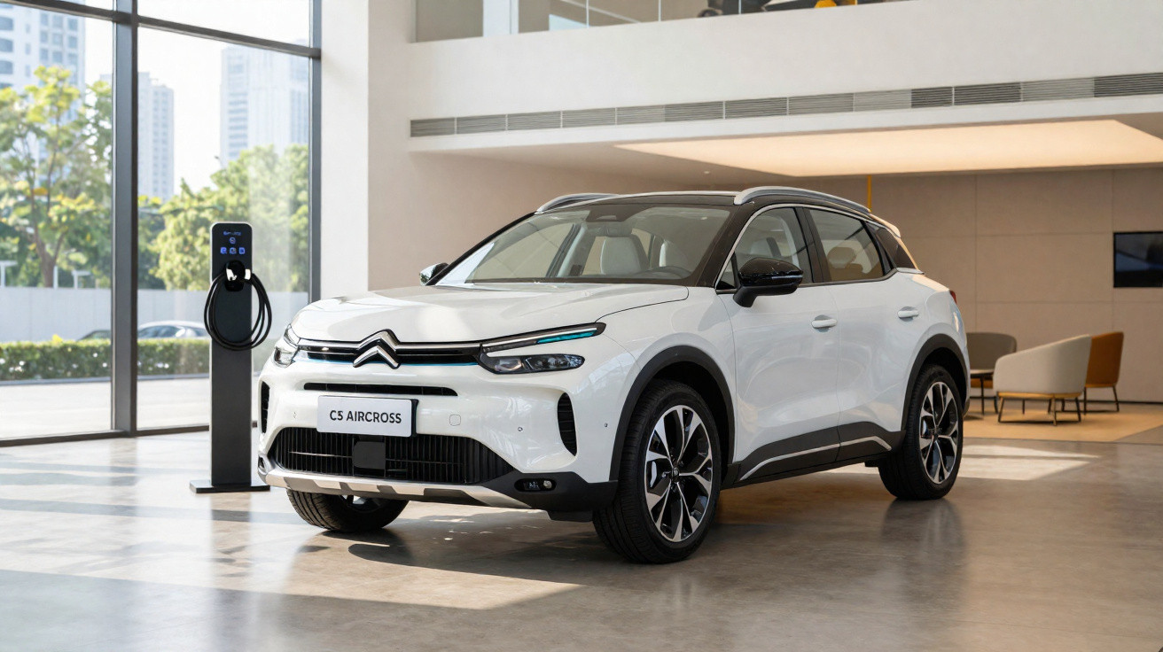 Weißer Citroën C5 Aircross SUV in modernem Raum neben Ladestation für Elektroautos.