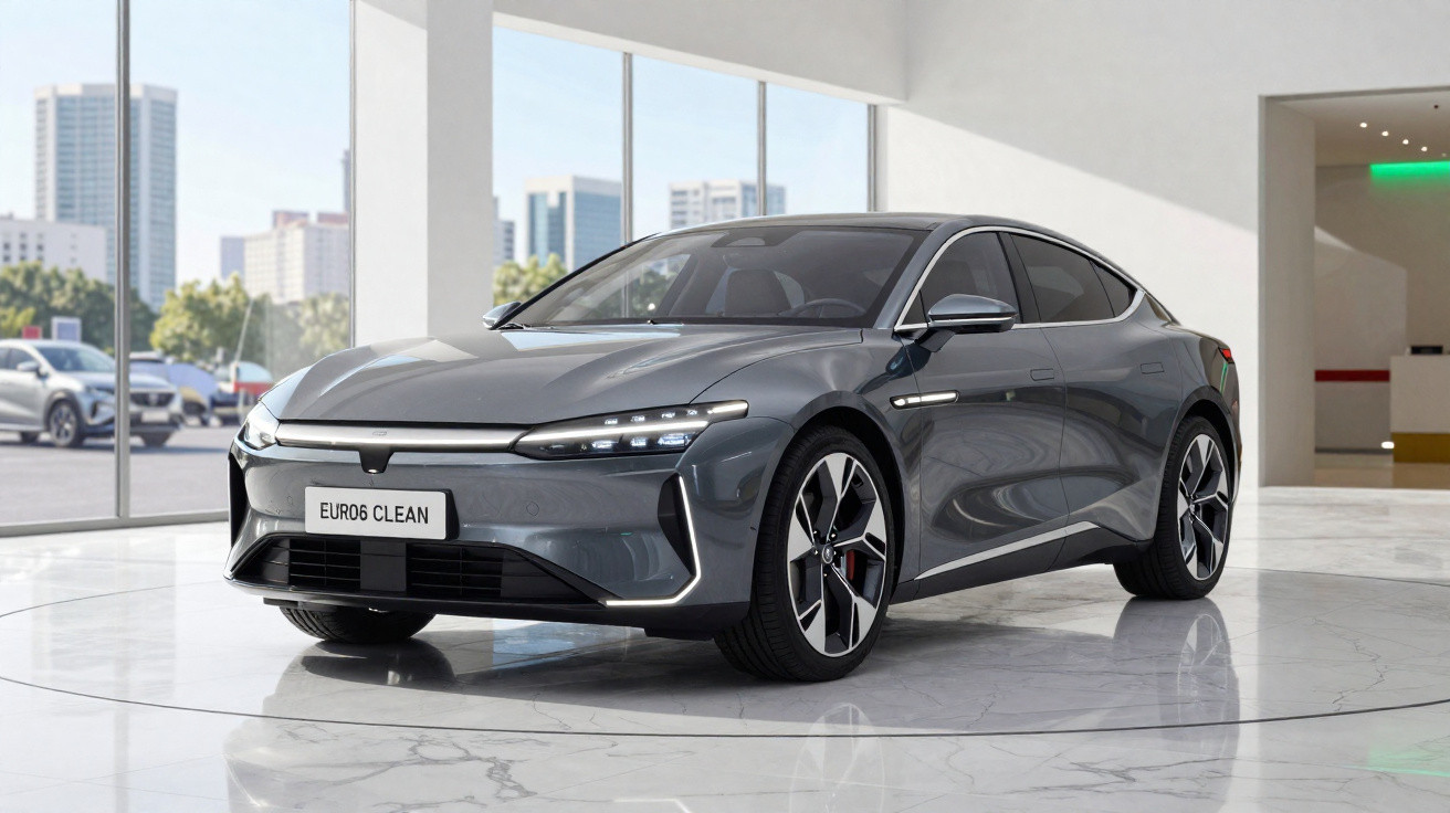 Graues Elektroauto im Showroom mit moderner Architektur und großem Glasfenster im Hintergrund.