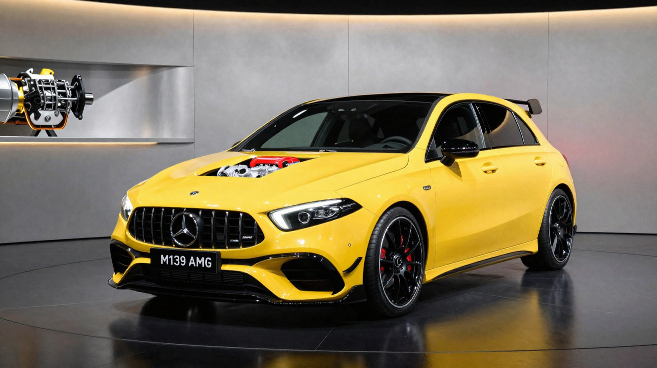 Gelber Mercedes-AMG Sportwagen mit sichtbarem Motor im Vordergrund auf Präsentationsfläche.