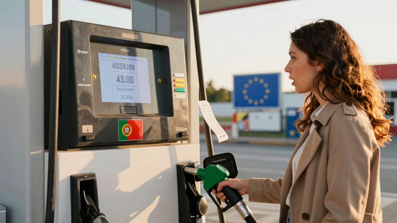 Frau tankt Auto an einer Zapfsäule mit grünem Zapfhahn an einer europäischen Tankstelle.
