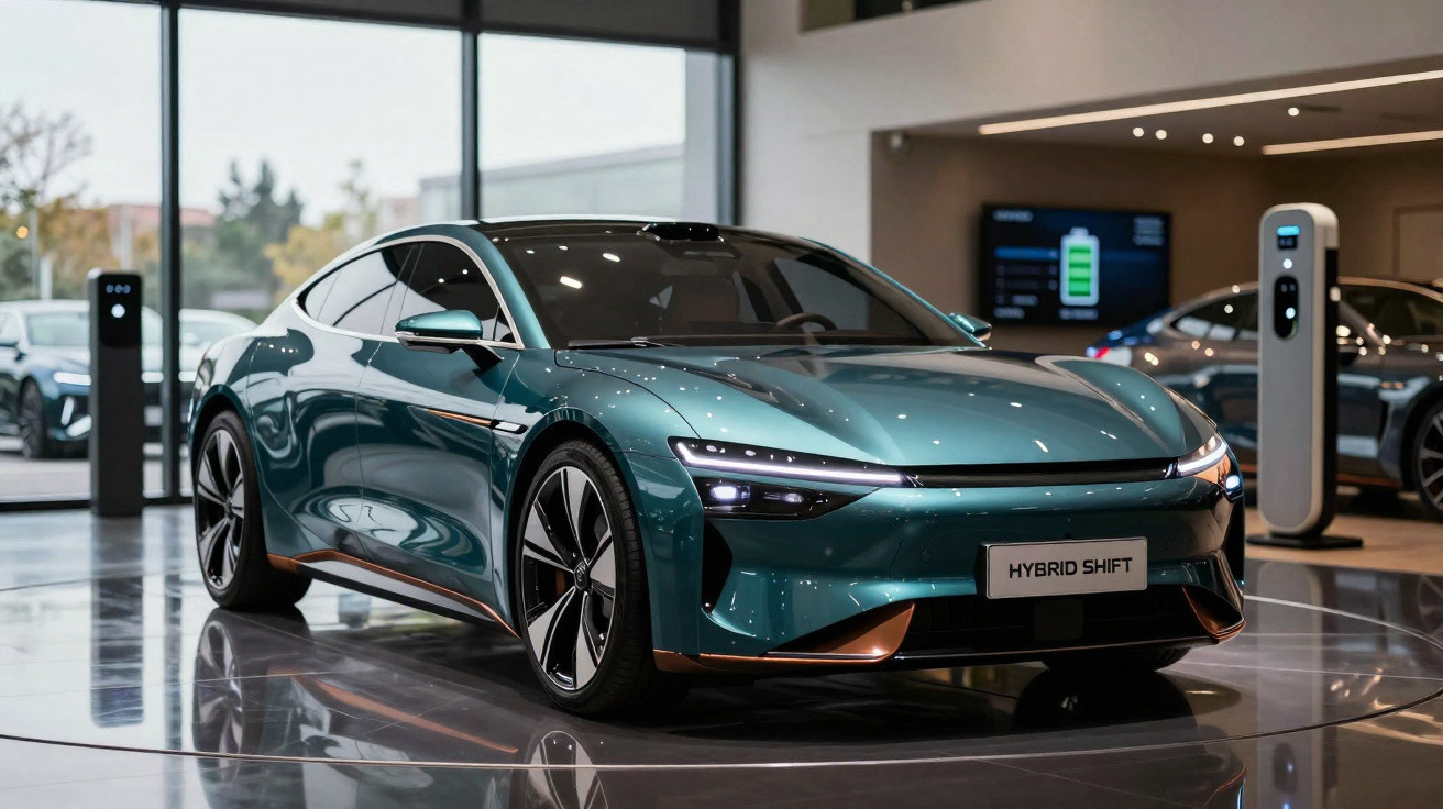Moderner grüner Elektrosportwagen mit Hybridantrieb in einem Showroom mit Ladestationen.