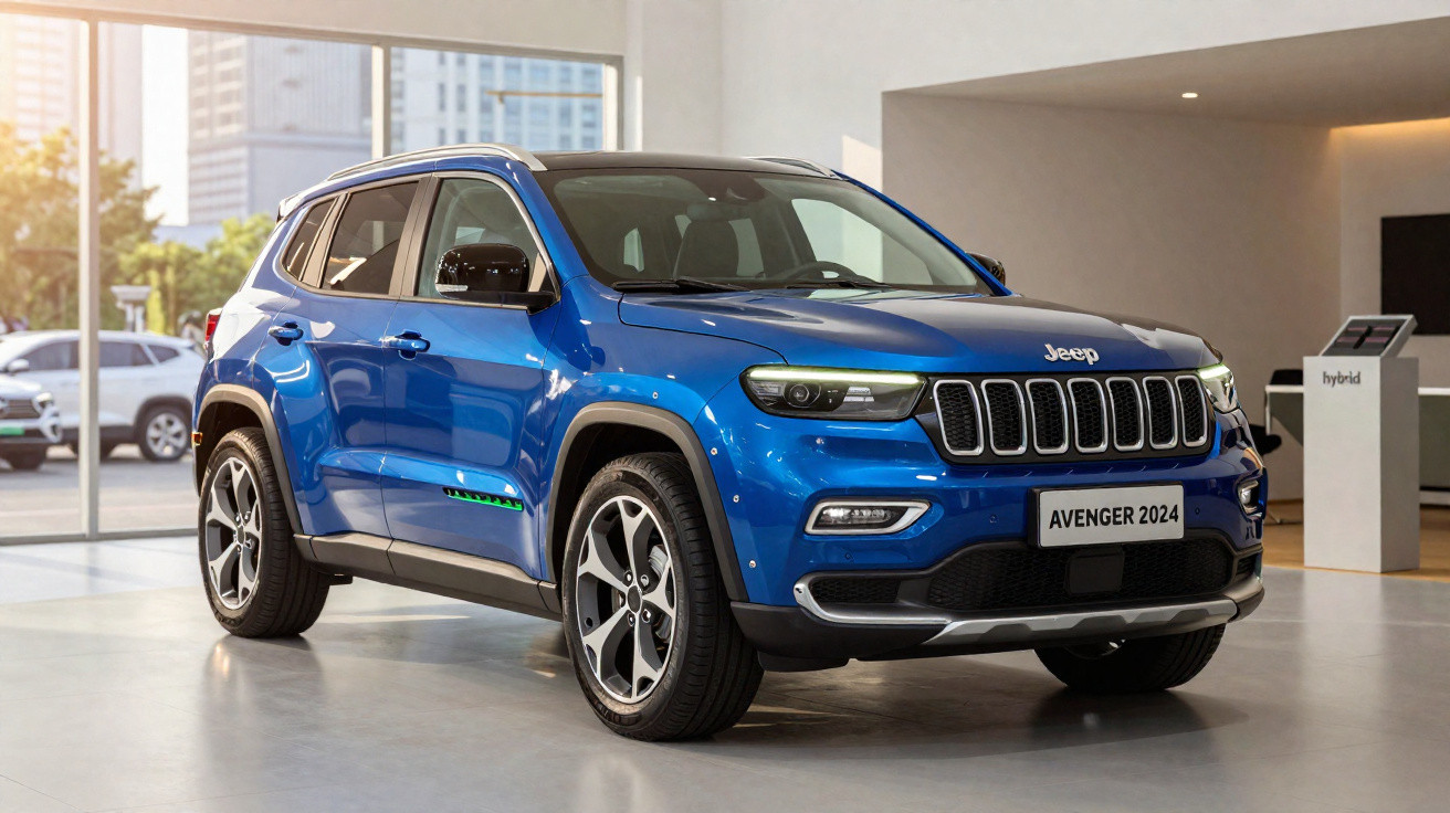 Blauer Jeep Avenger 2024 SUV steht in einem hellen Autohaus mit Glasfenstern im Hintergrund.