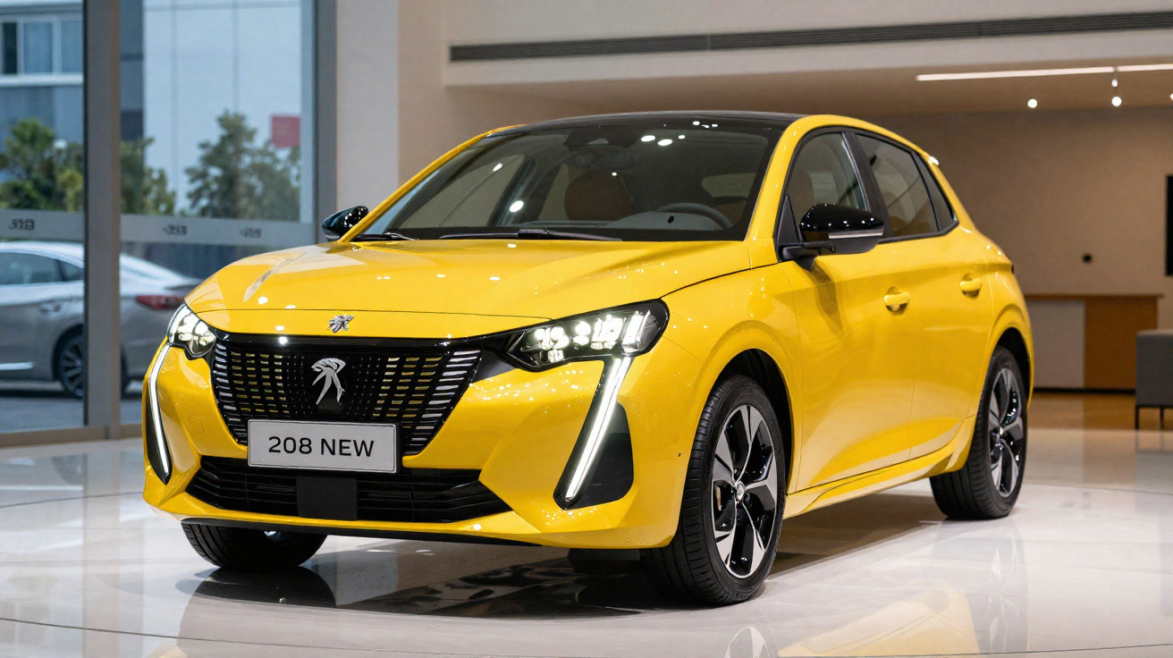 Gelber Peugeot 208 New Kleinwagen in einem modernen Autohaus showroom.