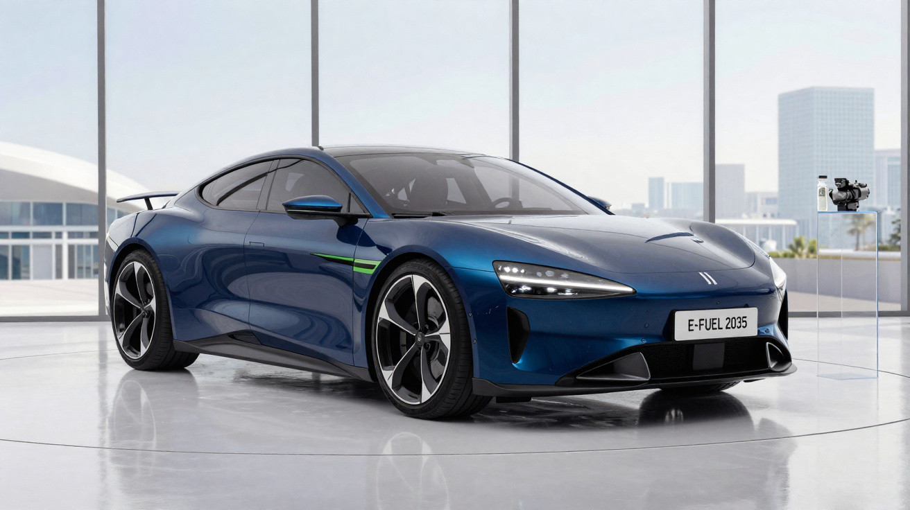 Blauer Elektro-Sportwagen mit futuristischem Design in modernem Showroom vor großen Fenstern.