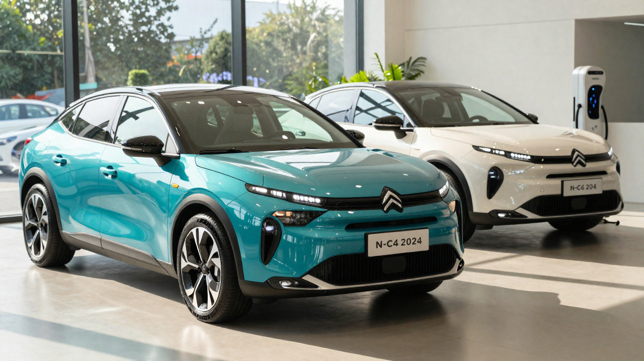 Zwei neue Citroën N-C4 2024 Elektroautos in Blau und Weiß in einem Autohaus mit Ladestation.