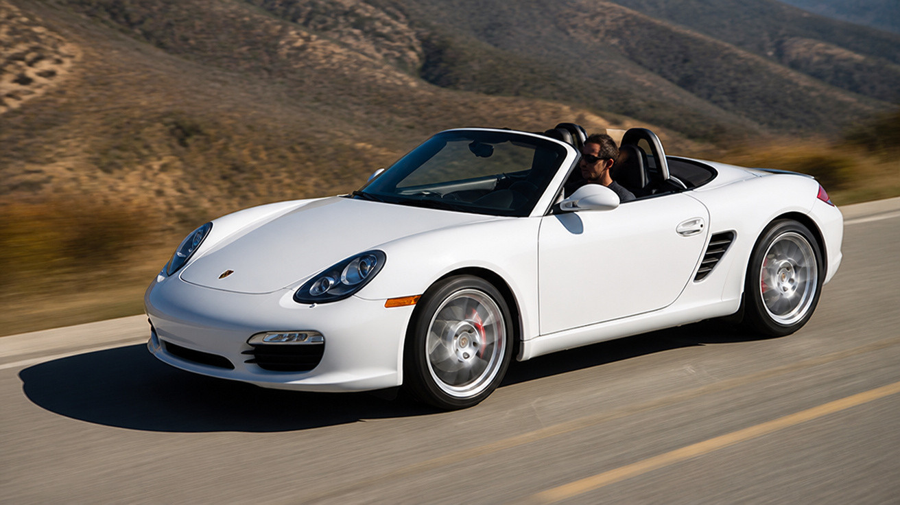 Weißer Porsche Boxster Cabrio auf Bergstraße mit Fahrer bei sonnigem Wetter.