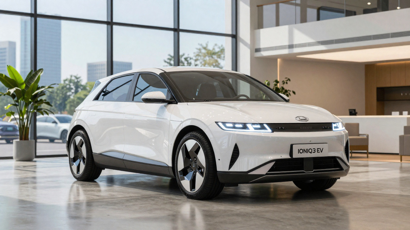 Weißer Hyundai IONIQ 3 EV Elektroauto in hellem Showroom mit großen Fenstern und Pflanzen.