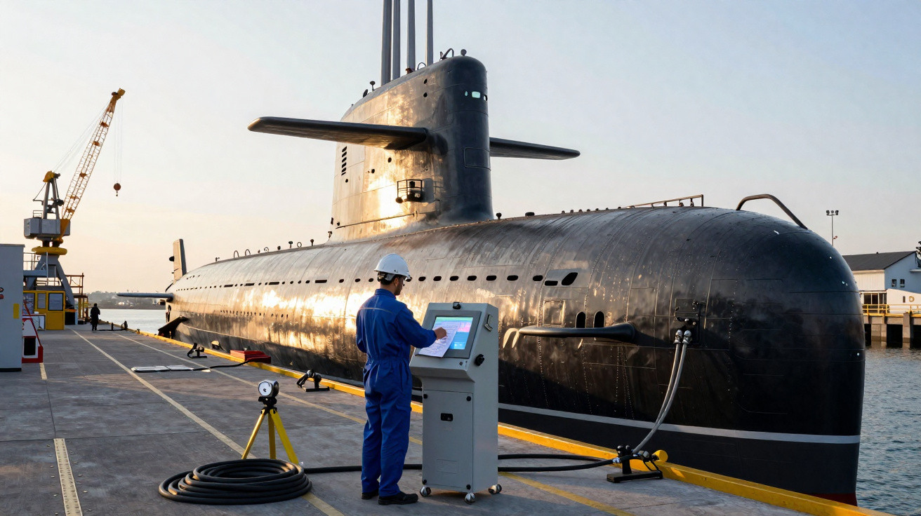 Ein Mann in Schutzkleidung arbeitet an einem Kontrollgerät neben einem U-Boot im Hafen bei Sonnenuntergang.