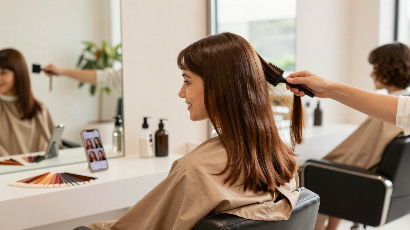 Frau im Friseursalon lässt sich die Haare kämmen, Spiegel und Farbpalette im Hintergrund sichtbar.
