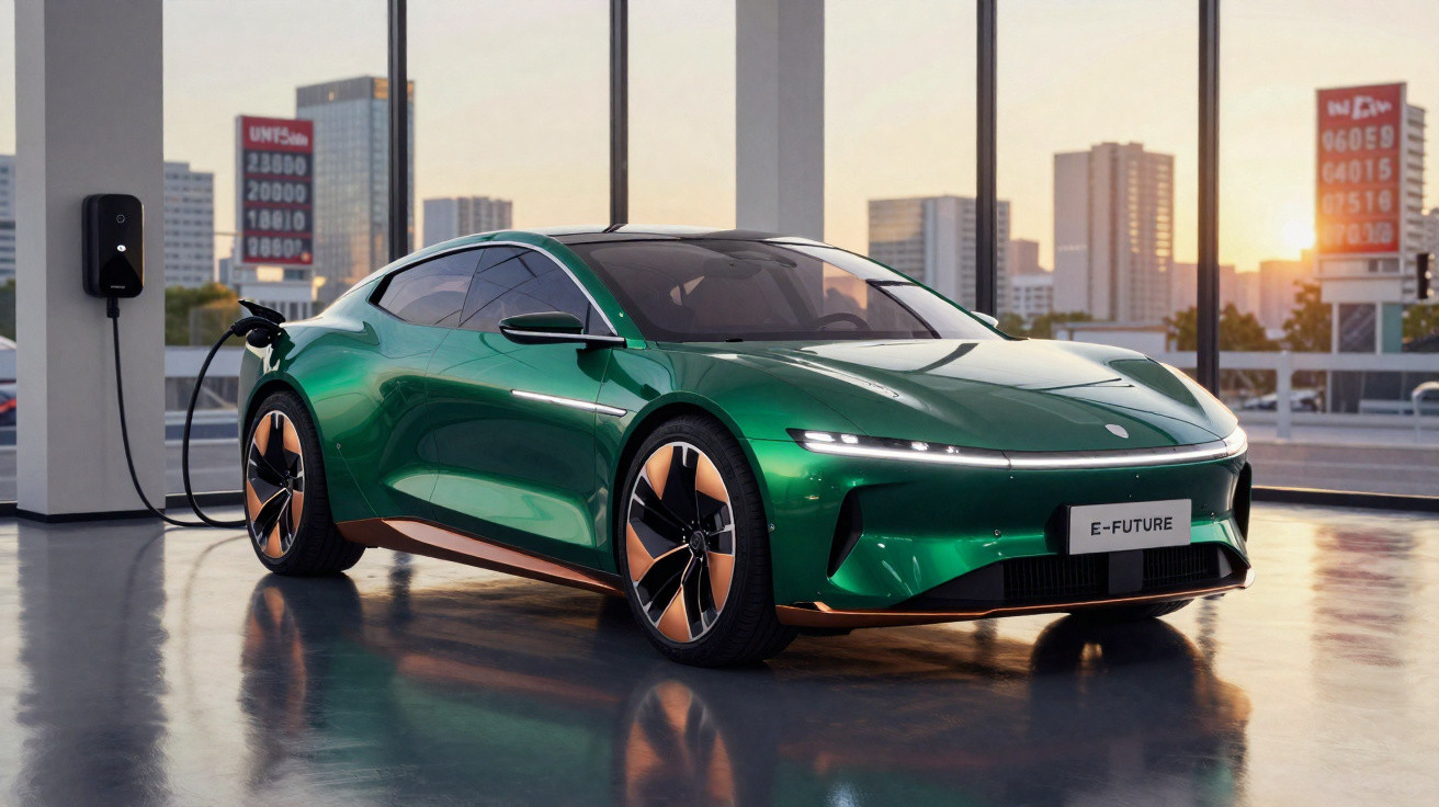 Grünes Elektroauto „E-Future“ lädt an Ladestation in moderner Stadtgarage bei Sonnenuntergang.