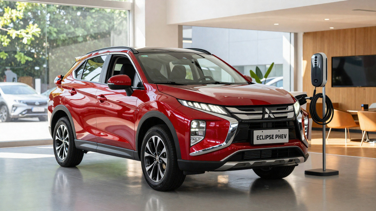 Rotes Mitsubishi Eclipse PHEV Elektroauto in modernem Showroom an Ladestation angeschlossen.