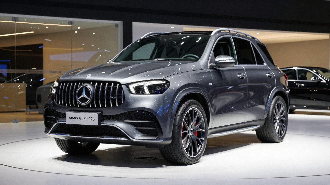 Mercedes-Benz AMG GLE 2026, silberner SUV mit markanter Front und großen Felgen auf Ausstellung präsentiert.