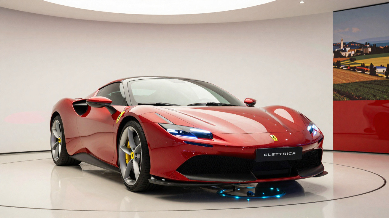 Roter Ferrari Eletrica Sportwagen auf weißem Ausstellungsboden mit moderner LED-Beleuchtung unter dem Auto.