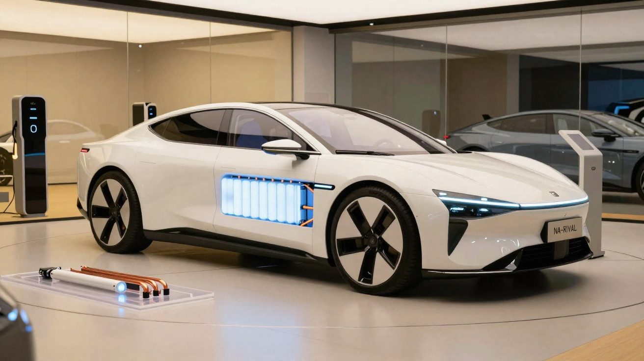 Weißes Elektroauto mit sichtbarem Batterieaufbau in moderner Ausstellungshalle neben Ladestationen.