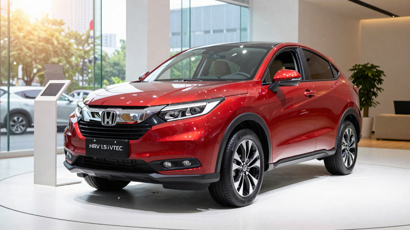 Roter Honda HRV 1.5 i-VTEC SUV im modernen Autohaus bei Tageslicht präsentiert.