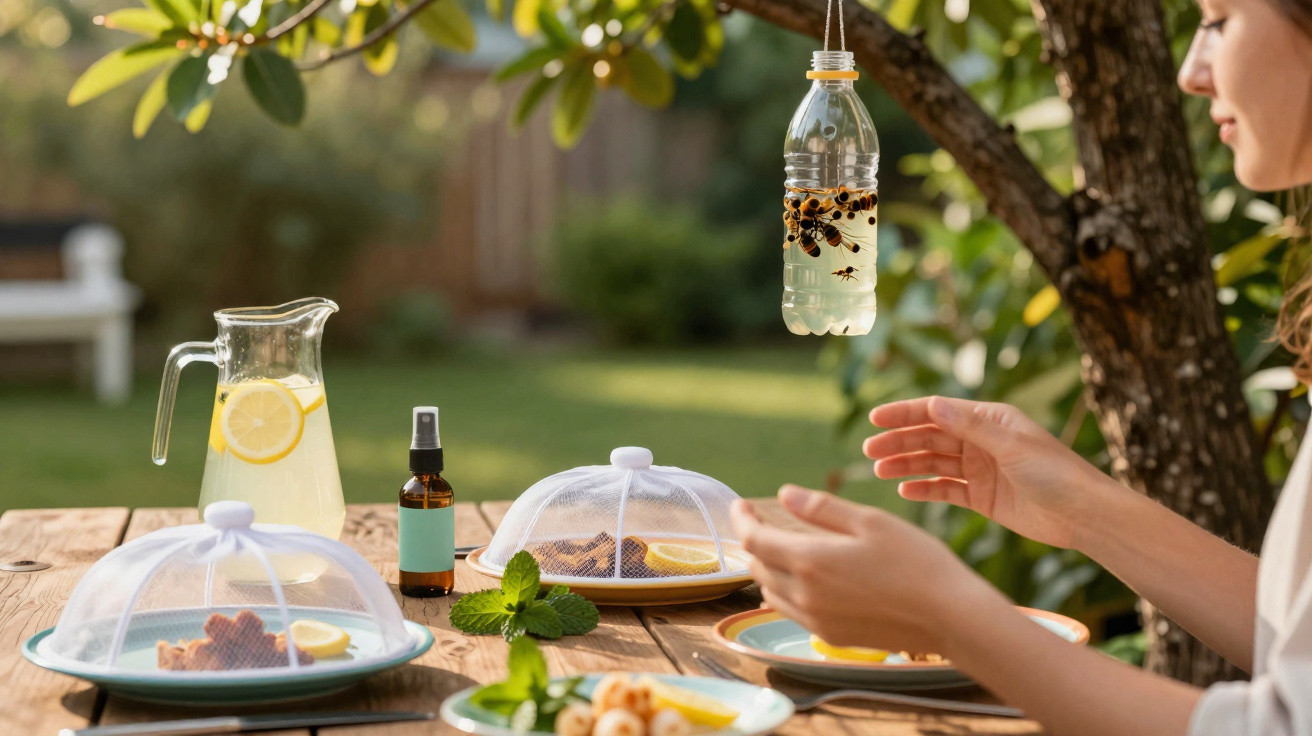 Gartenpicknick mit schützenden Abdeckungen, Zitronenlimonade und einer Flasche mit Insektenfalle am Baum hängend.