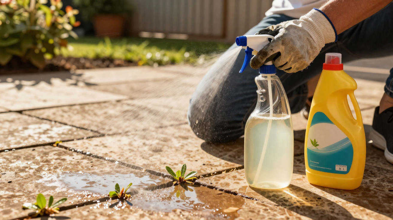 Person mit Handschuhen besprüht Unkraut zwischen Bodenfliesen mit Flüssigkeit aus einer Sprühflasche.