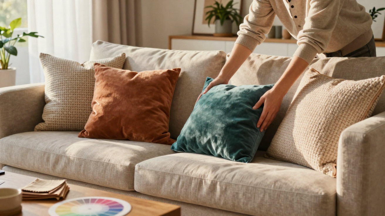 Person richtet einen grünen Samtkissen auf einem beigen Sofa mit weiteren Kissen im Wohnzimmer.