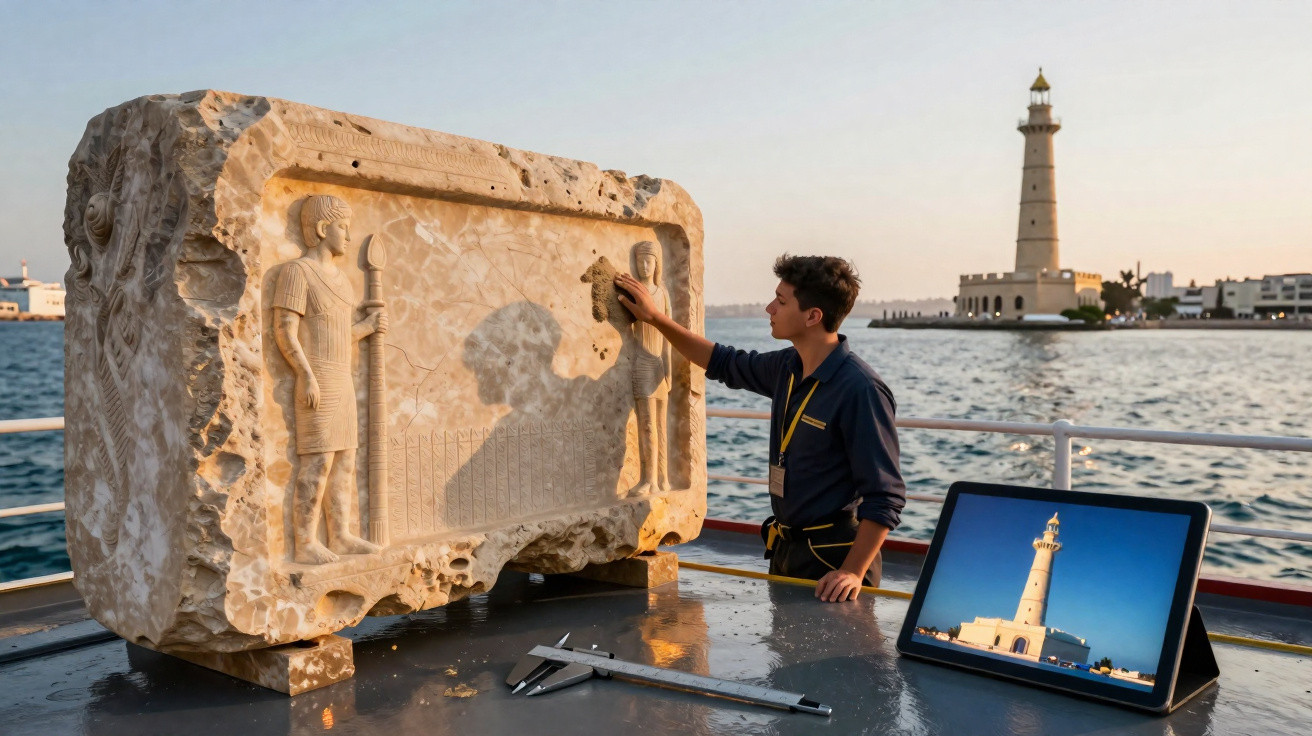 Junger Mann reinigt antikes Steinrelief am Hafen, Leuchtturm und Tablet mit Leuchtturmbild im Hintergrund.