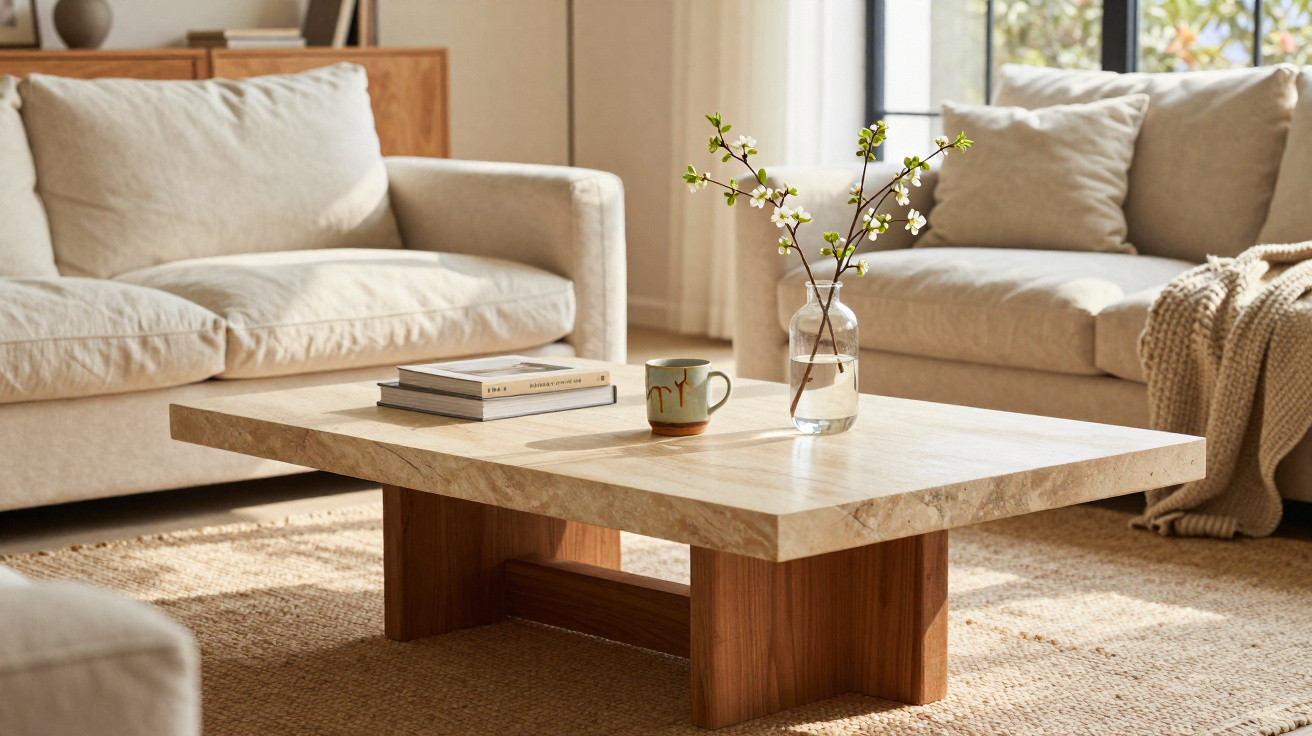 Heller Wohnzimmertisch aus Holz mit Vase, Tasse und Büchern, umgeben von zwei beigen Sofas.