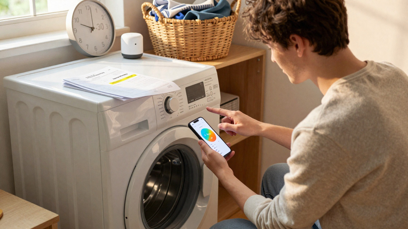 Mann steuert Waschmaschine mit App auf Smartphone, Wäschekorb und Uhr im Hintergrund.