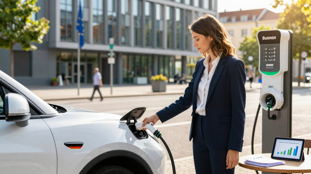 Frau im Anzug lädt Elektroauto an Ladestation mit Tablet und Dokumenten auf Tisch in urbaner Umgebung.