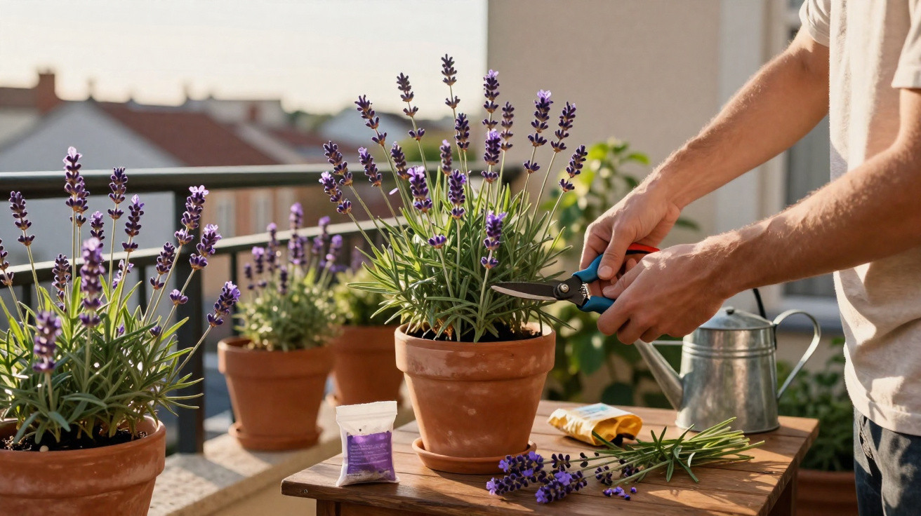 Person schneidet Lavendel mit Gartenschere auf Balkon, Töpfe und Gießkanne stehen auf Holztisch.