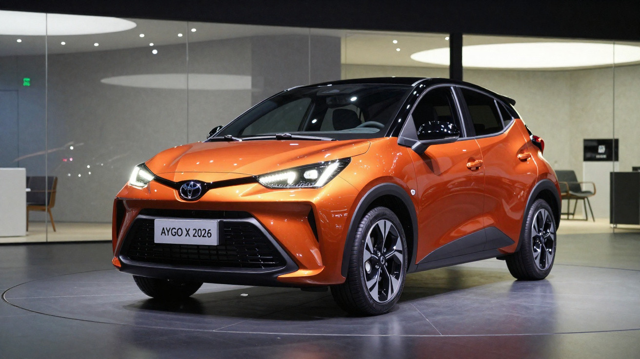 Neuer oranger Toyota Aygo X 2026 in moderner Ausstellung mit LED-Scheinwerfern und schwarzem Dach