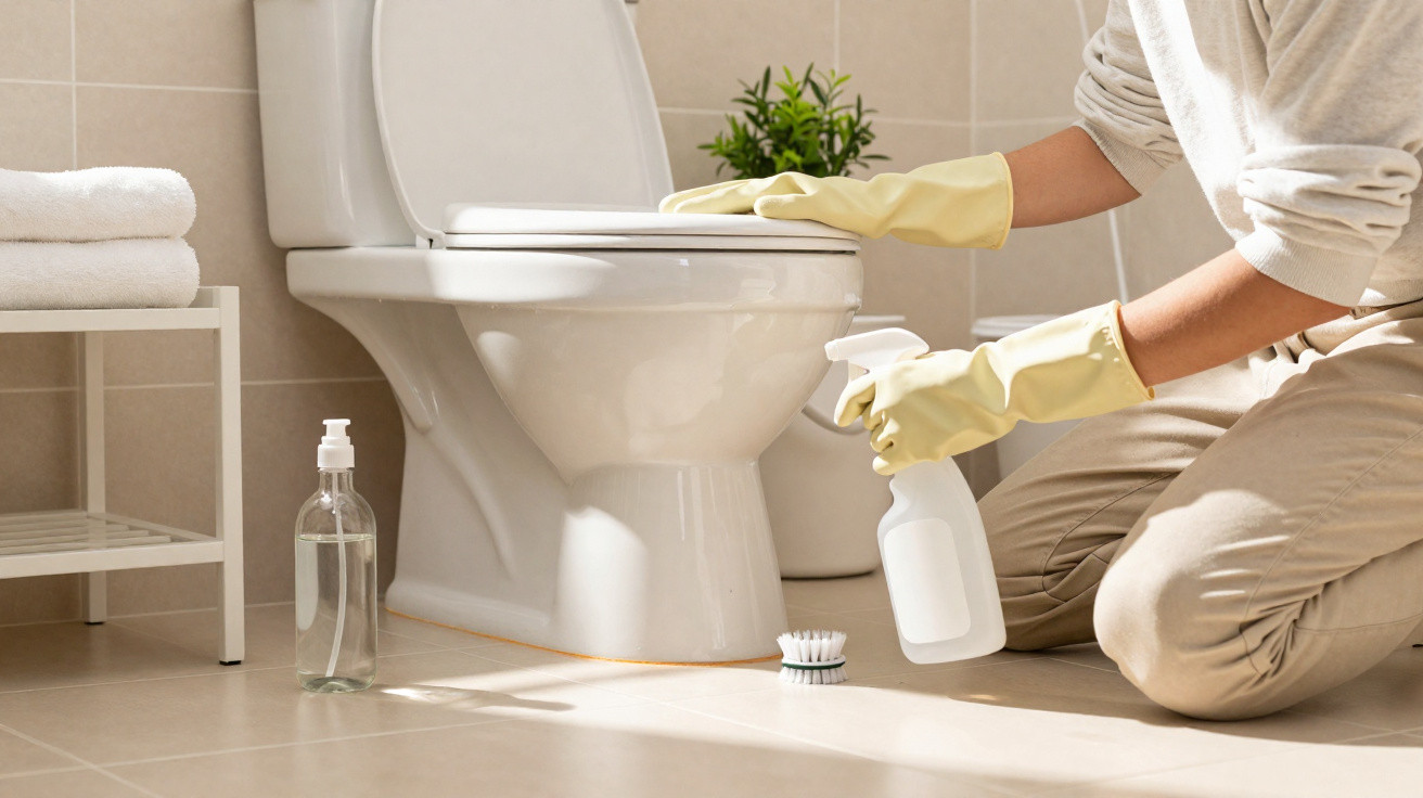Person mit gelben Handschuhen reinigt Toilettenschüssel im hellen Badezimmer mit Reinigungsmitteln.