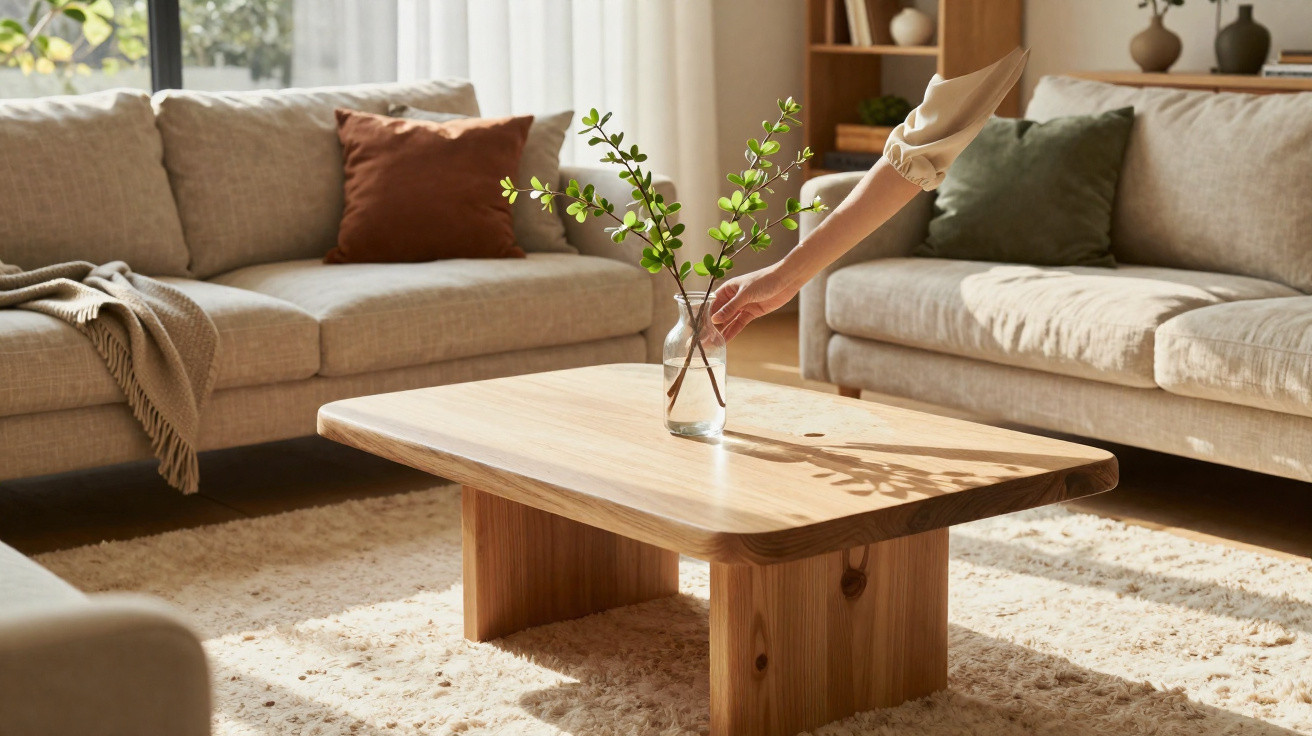 Helles Wohnzimmer mit zwei grauen Sofas, Holztisch und Hand, die eine Glasvase mit grünen Zweigen hält.