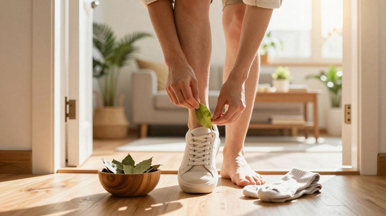 Person steckt ein grünes Blatt in einen weißen Sneaker in einem hellen, gemütlichen Wohnzimmer.