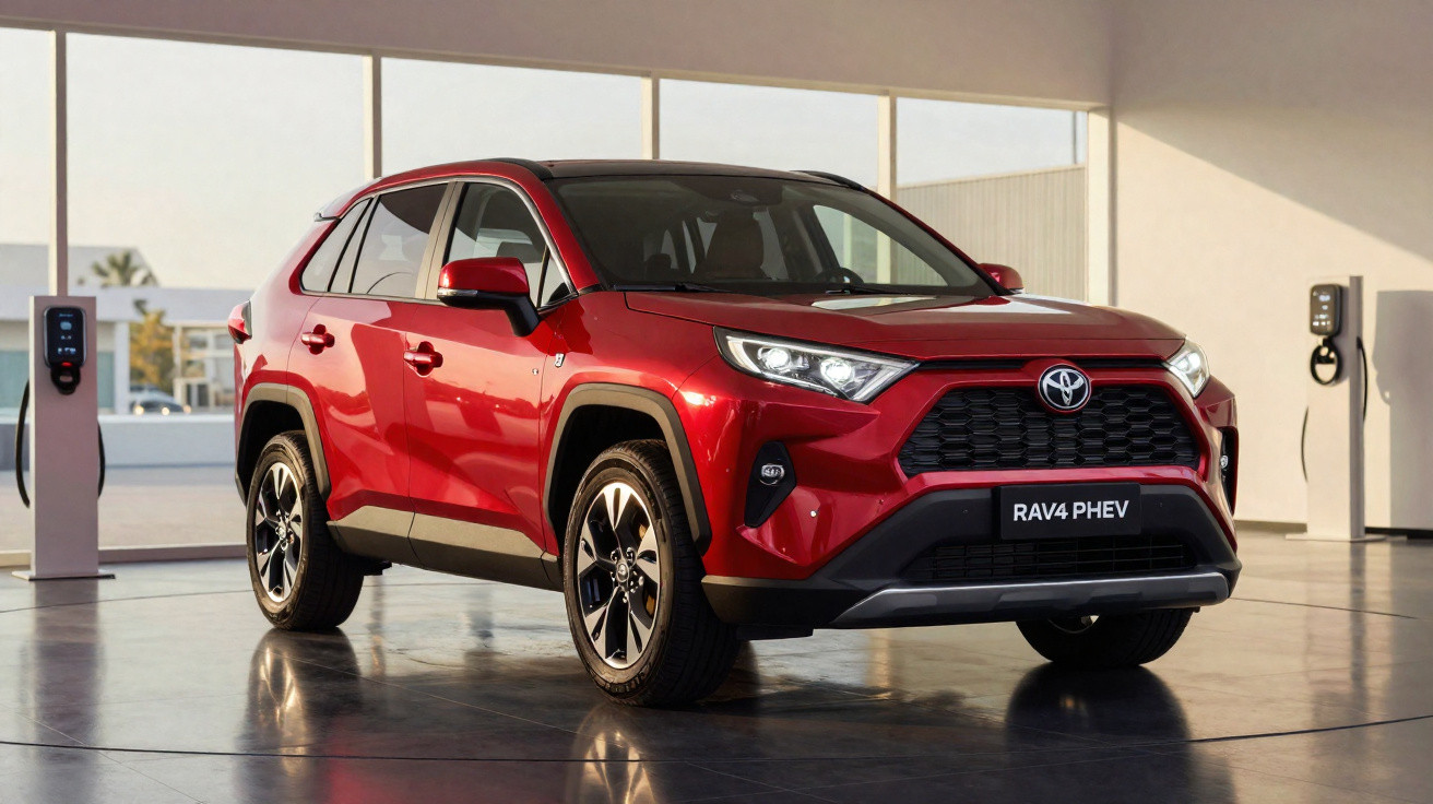 Roter Toyota RAV4 PHEV SUV in moderner Halle mit Ladestationen im Hintergrund.