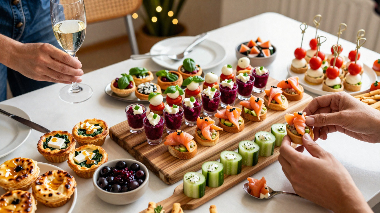 Vielfältige bunte Häppchen und Canapés auf einem Tisch, Hände greifen danach, Glas mit Getränk.