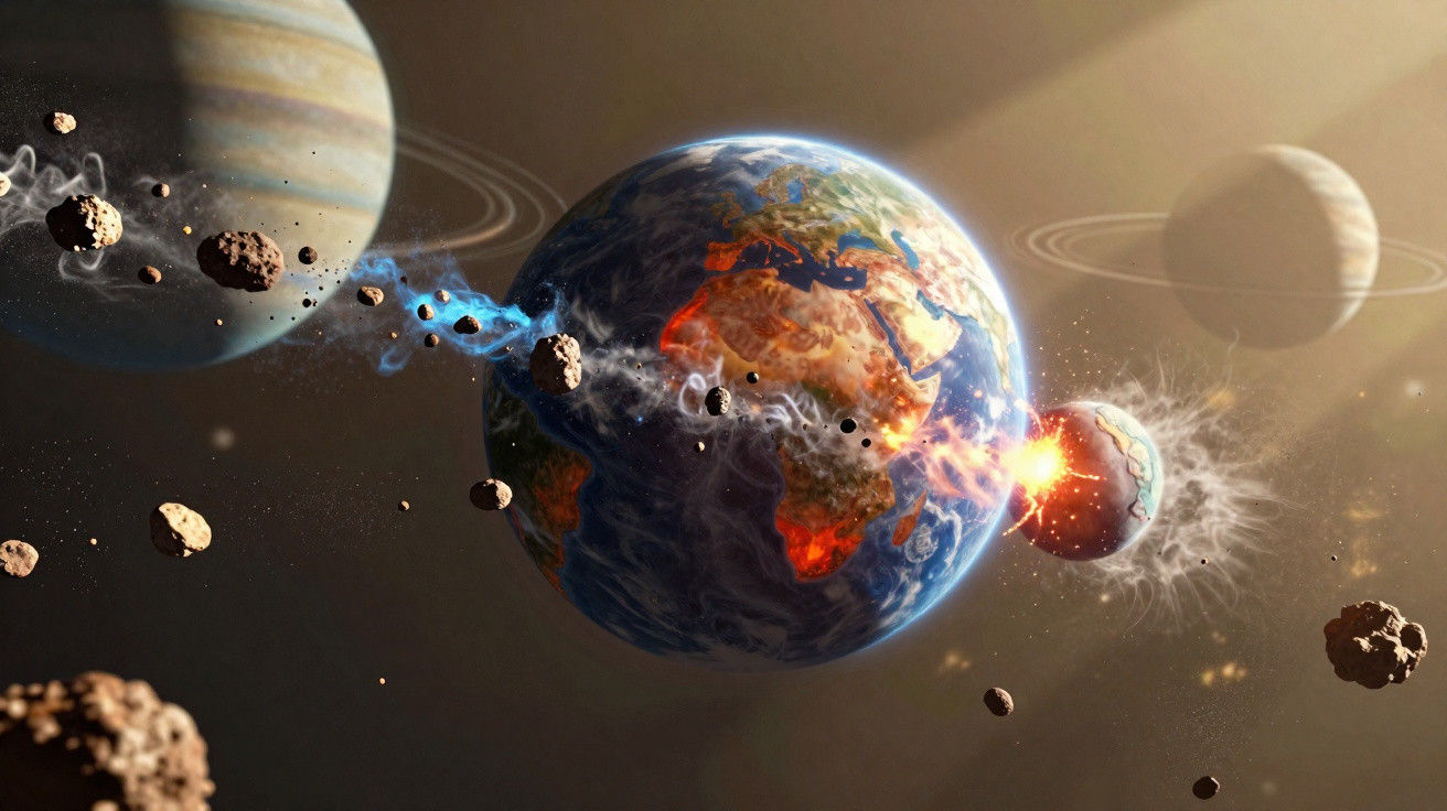 Darstellung eines Asteroidensturzes auf die Erde mit Explosionen und Planeten im Hintergrund.